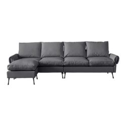 Modern Sectional Technical Leather L-Shaped Sofa Couch With Convertible Ottoman - Dark Gray