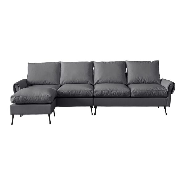 Modern Sectional Technical Leather L-Shaped Sofa Couch With Convertible Ottoman - Dark Gray