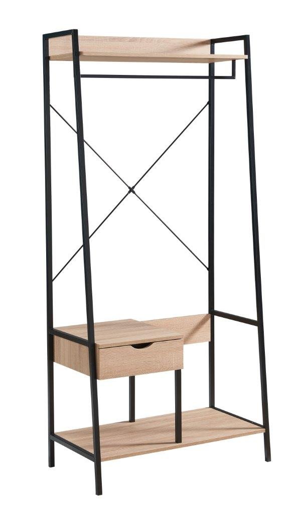Metal Clothes Rack Open Wardrobe Free Standing With One Drawer Hanging Clothes Rod - Light Brown - Image 4