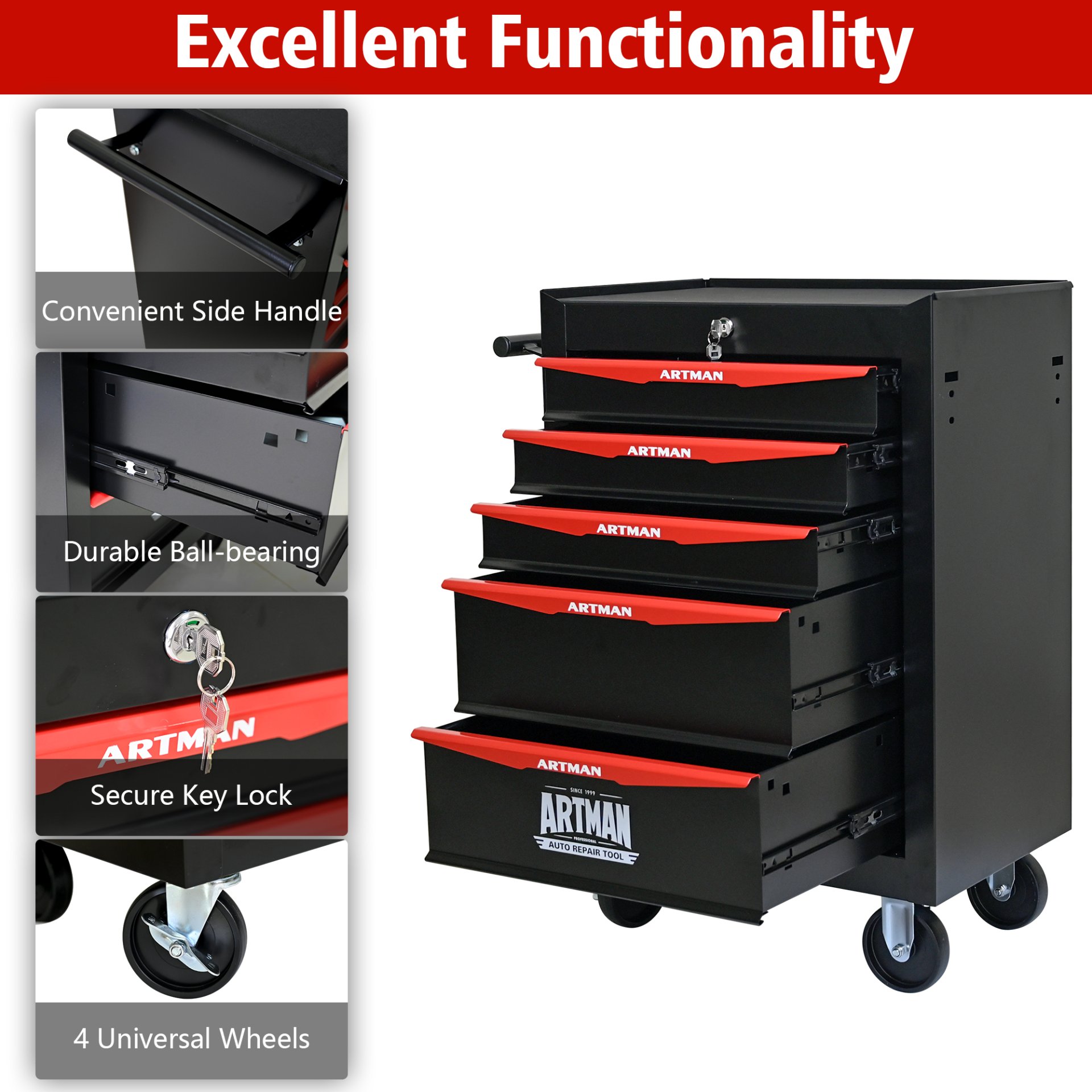 Rolling Metal Tool Chest With 5 Drawers, 20" Steel Storage Cabinet With Ball Bearing Slides - Black / Red - Image 7
