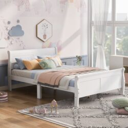 Queen Size Platform Bed With Headboard And Slat Support - White