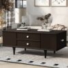 Modern Rectangle Coffee Table With Four Drawers, Wood Coffee Table With Metal Handles And Four Solid Wood Legs For Living Room - Brown - Image 9