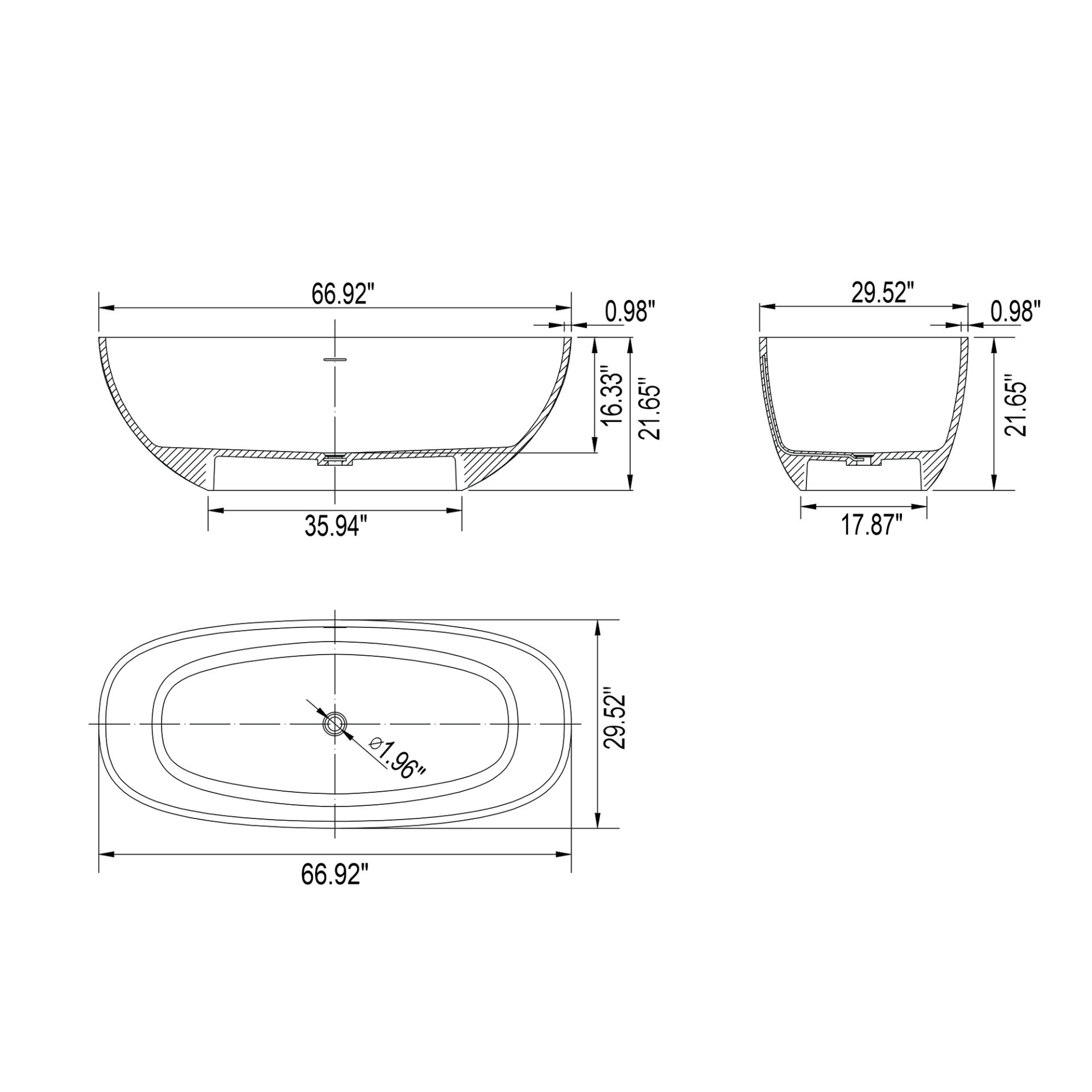 Soaking Bathtub, Freestanding, Solid Surface - Matte White - Image 11
