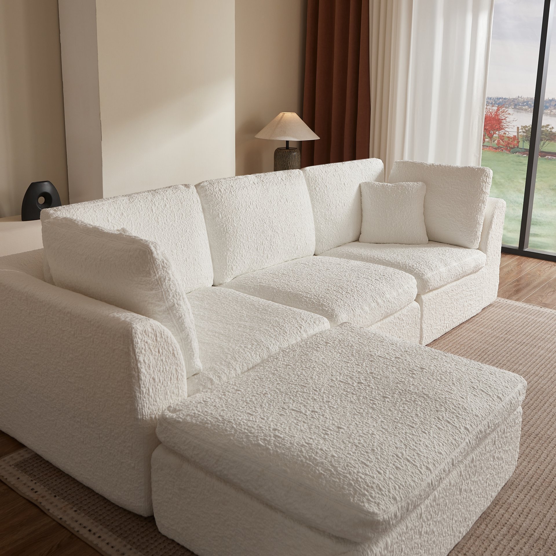 Cloud L Shape Modular Sectional Sofa With Ottoman, 3 Seater Convertible Couch - White - Image 9