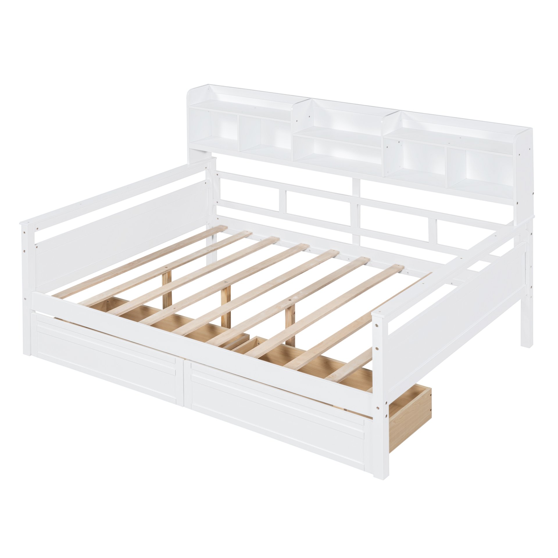 Full Size Daybed, Slat Support, With Bedside Shelf And Two Drawers - White - Image 7