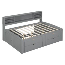 Full Size Daybed With 2 Bedside Cabinets, Upper Shelves And 4 Drawers - Gray