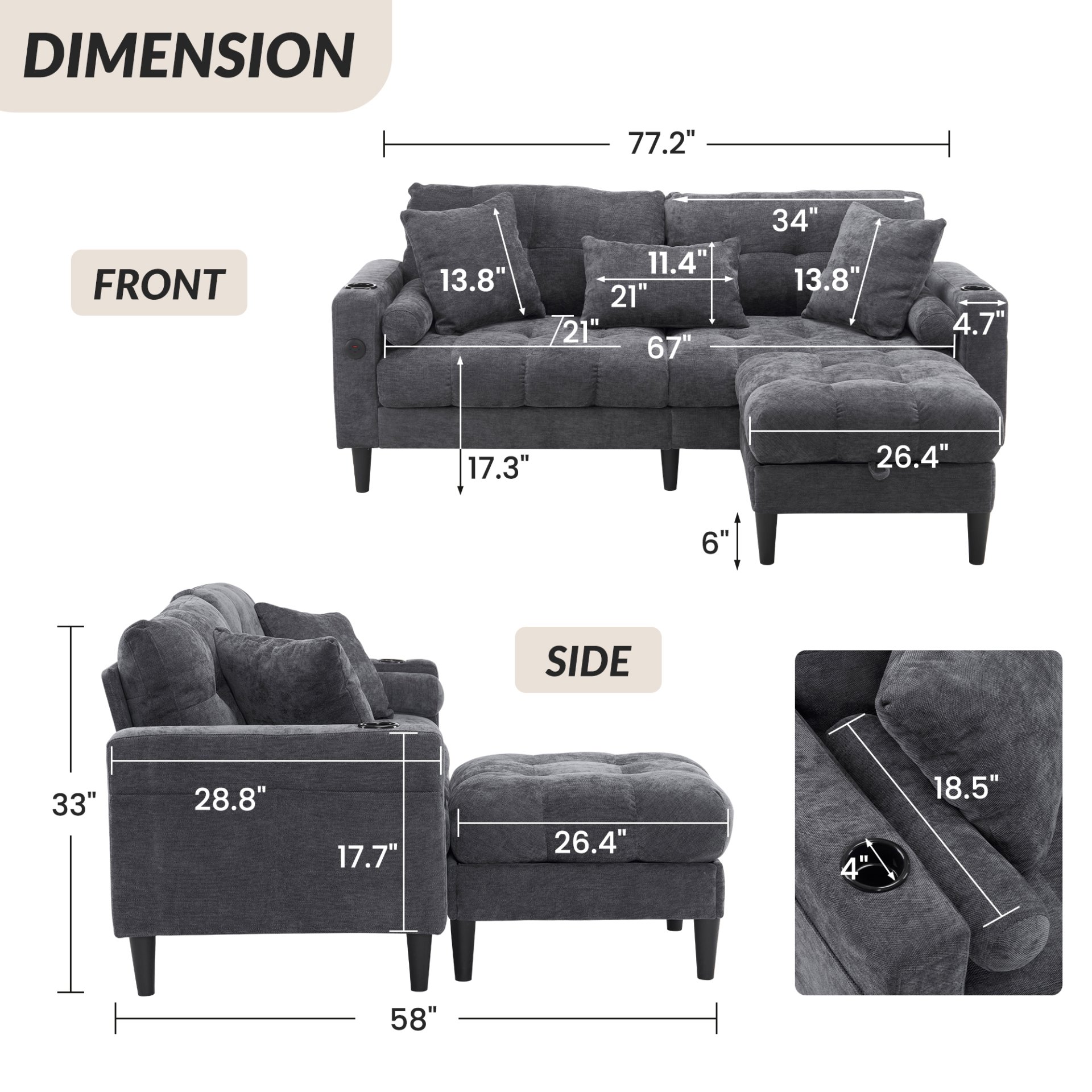 3 Seat L-Shaped Chenille Sofa With Removable And Storage Ottoman, Side Storage, And USB / C - Type Charging Ports Sofa For Living Room, Bedroom, Apartment - Antique Dark Gray - Image 3