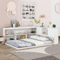 Full Floor Bed With L-Shaped Bookcases, Sliding Doors, Without Slats - White