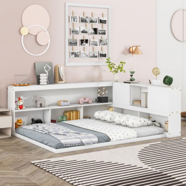 Full Floor Bed With L-Shaped Bookcases, Sliding Doors, Without Slats - White