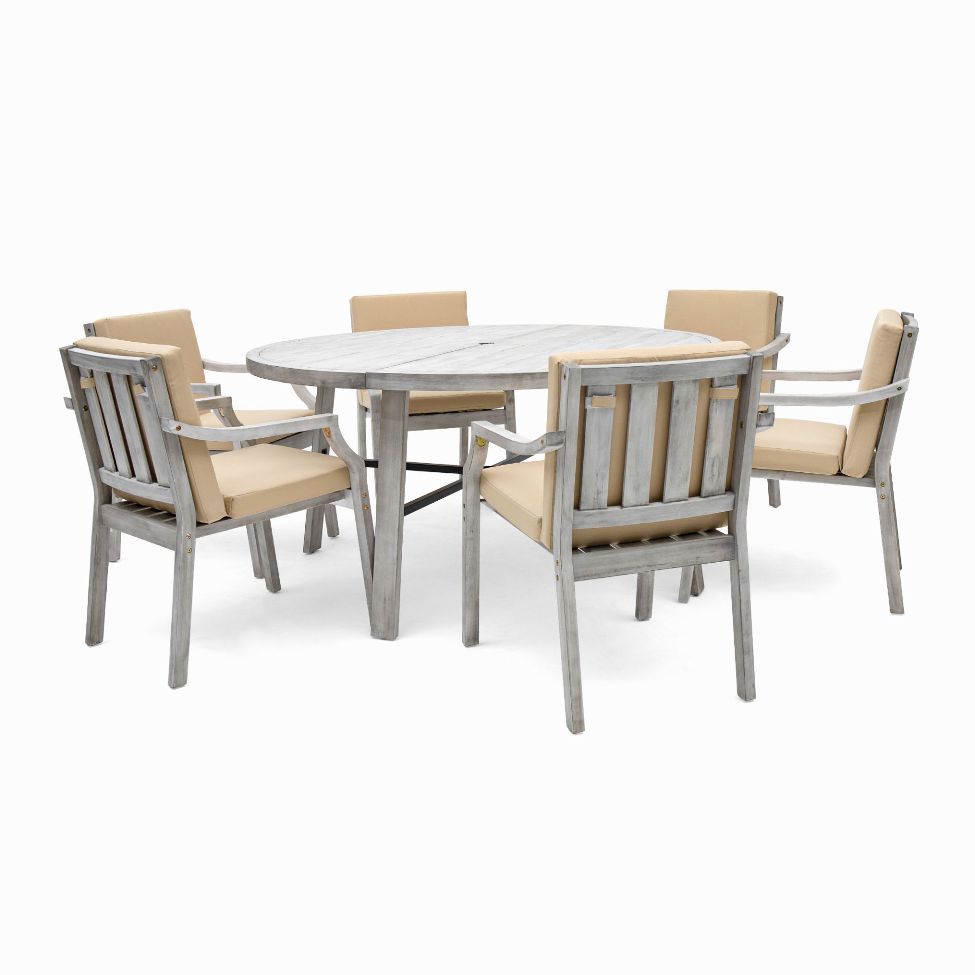 6 Person Outdoor Wooden Dining Set With Umbrella Hole And Removable Cushions For Patio - Gray - Image 15