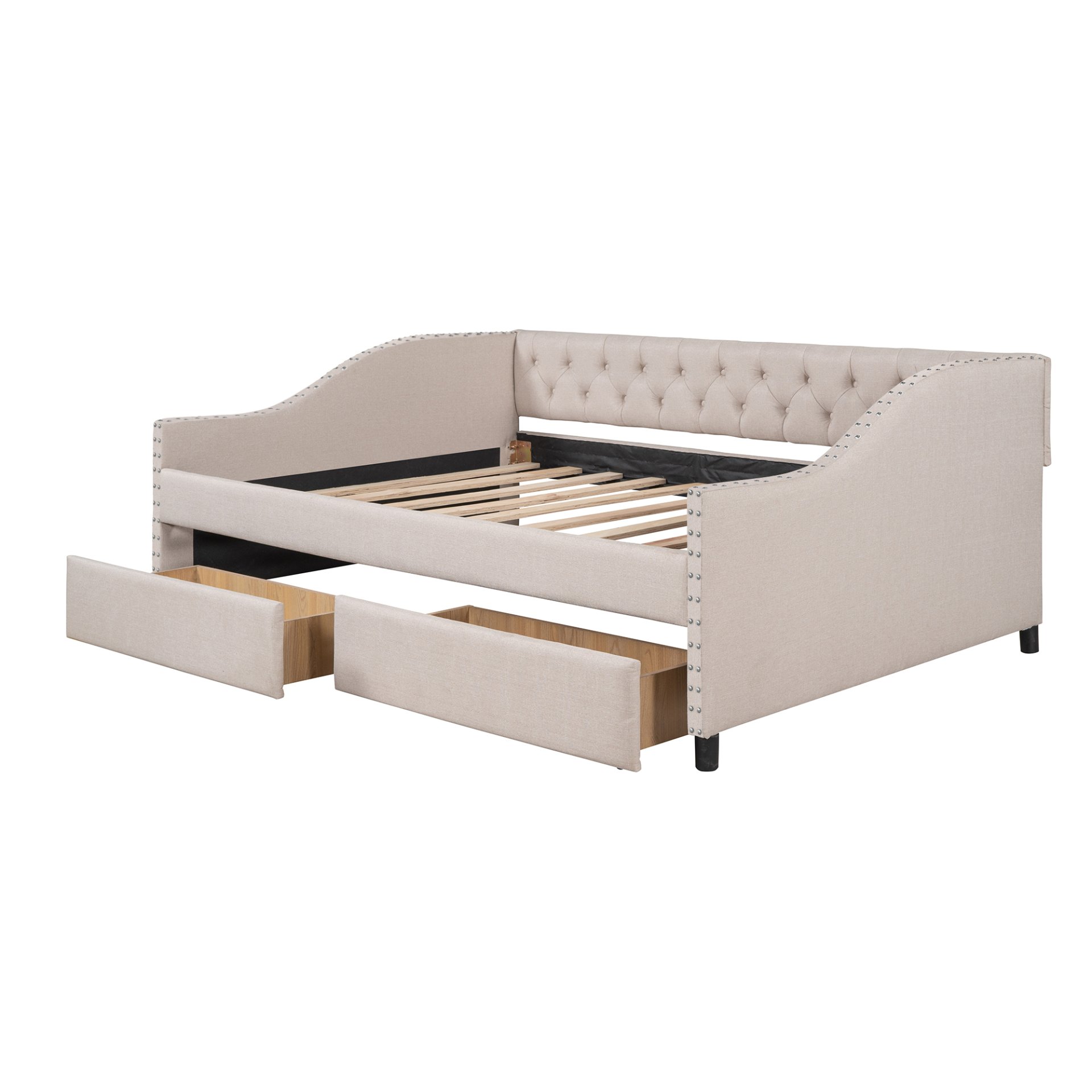 Full Size Upholstered Daybed With Two Drawers, Slat Support - Beige - Image 25