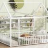 Full Size Bed House Frame With Fence And Shelves - White - Image 12