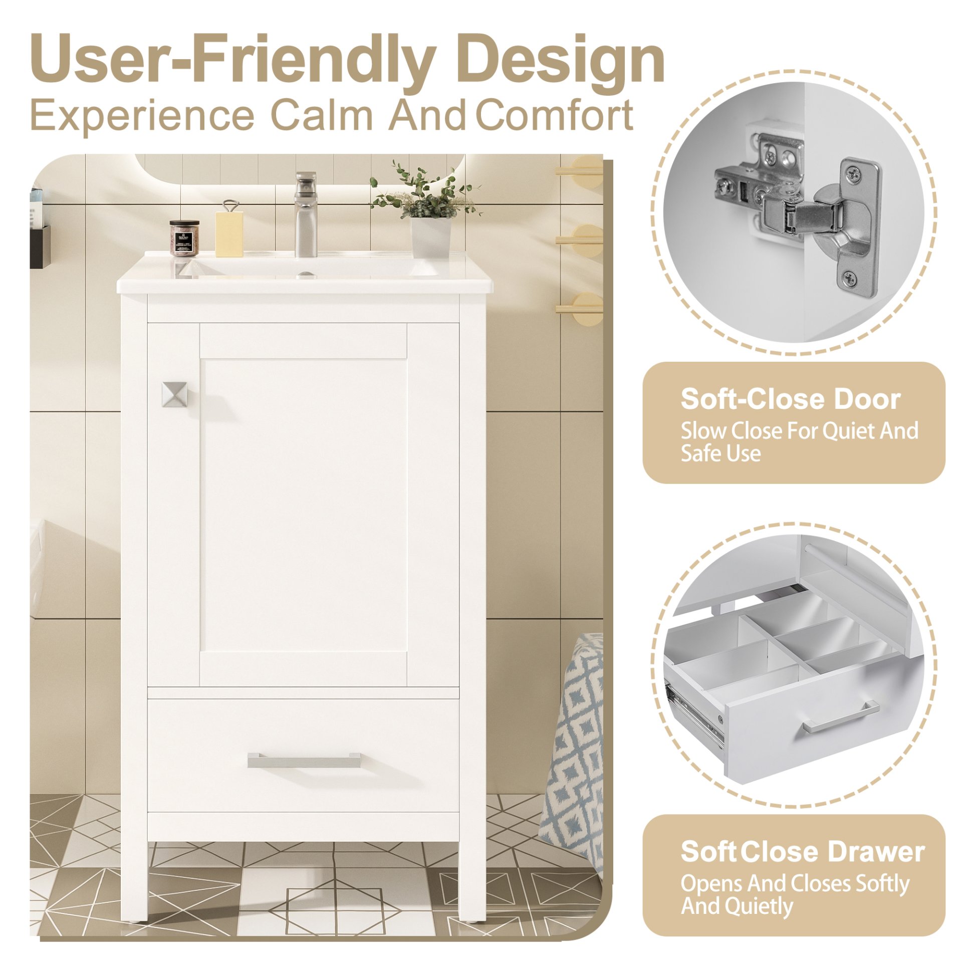 20" Bathroom Vanity With Sink, Soft Close Drawers, Door Organizer, Divider Drawer, Adjustable Foot Pads - White - Image 8