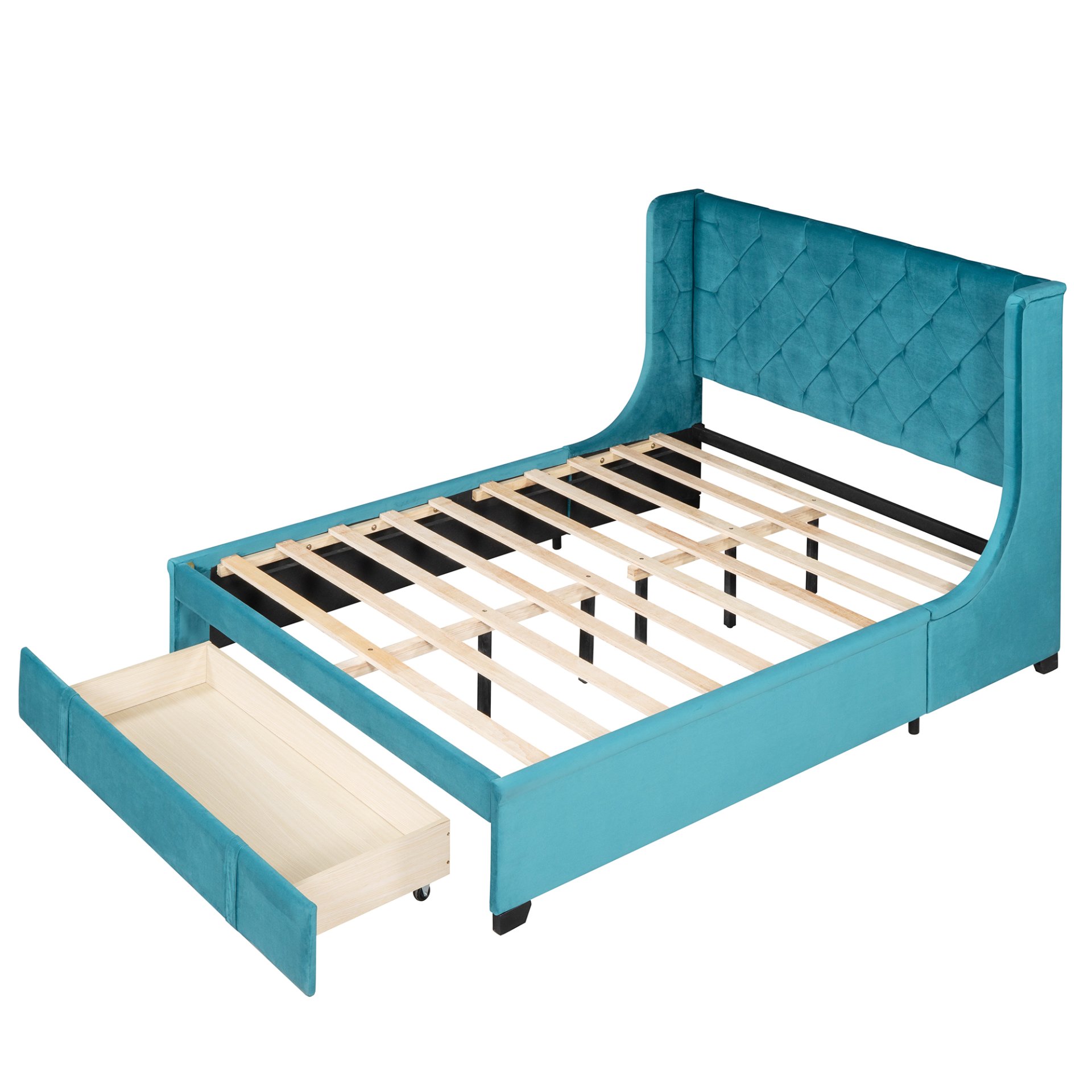 Queen Size Storage Upholstered Platform Bed With Wingback Headboard And A Big Drawer - Blue - Image 6