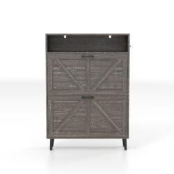 Farmhouse Shoe Storage Cabinet With Barn Door Design, 2 Flip Drawers, Hooks - Dark Oak