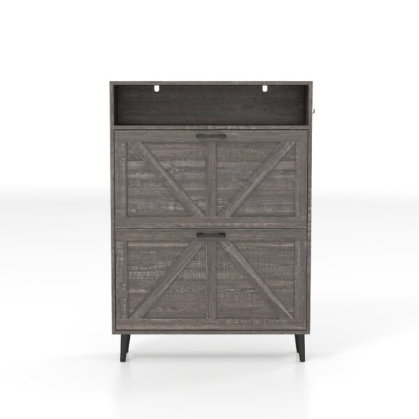 Farmhouse Shoe Storage Cabinet With Barn Door Design, 2 Flip Drawers, Hooks - Dark Oak