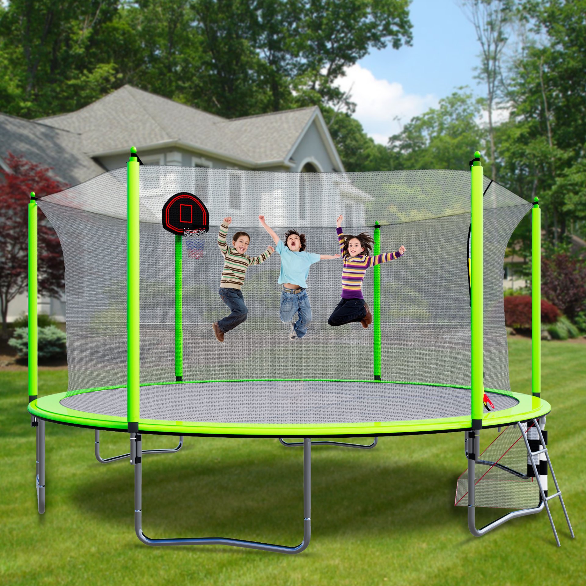 16Ft Trampoline With Basketball Hoop Pump And Ladder (Inner Safety Enclosure) With Soccer Goal - Green - Image 5
