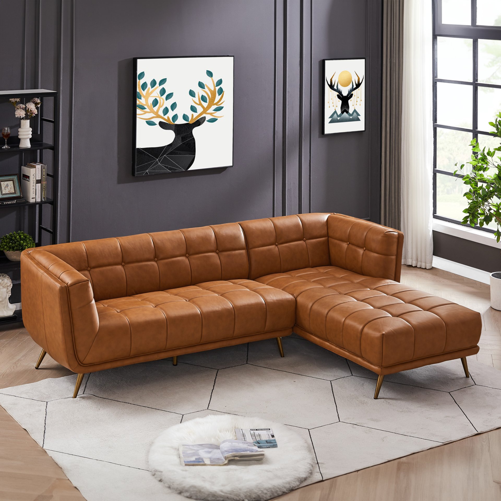 Addison - Right Sectional Leather Sofa - Cognac - Image 3
