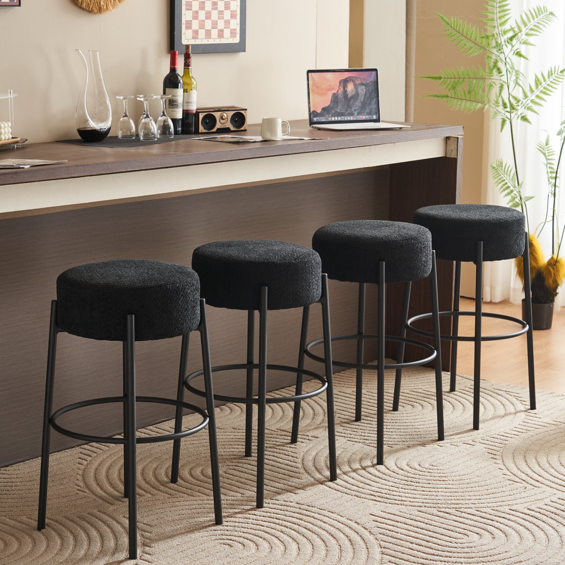 Round High Bar Stools (Set of 2), Contemporary Upholstered Dining Stools For Kitchens, Coffee Shops And Bar Stores - Black - Image 2