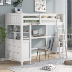 Twin Size Loft Bed With Drawers And Desk, With Shelves - White