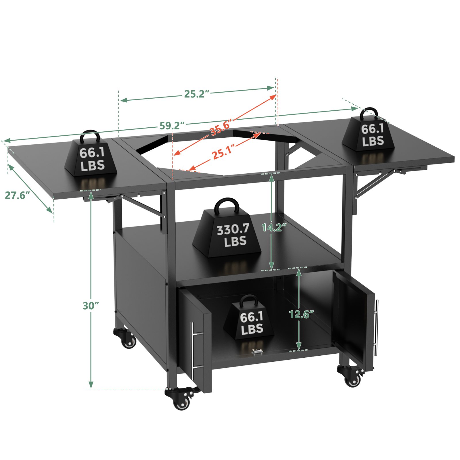 Outdoor Grill Table For Big Egg Style Bbq Metal Grill Cart With 2 Folding Panels Metal - Black - Image 3