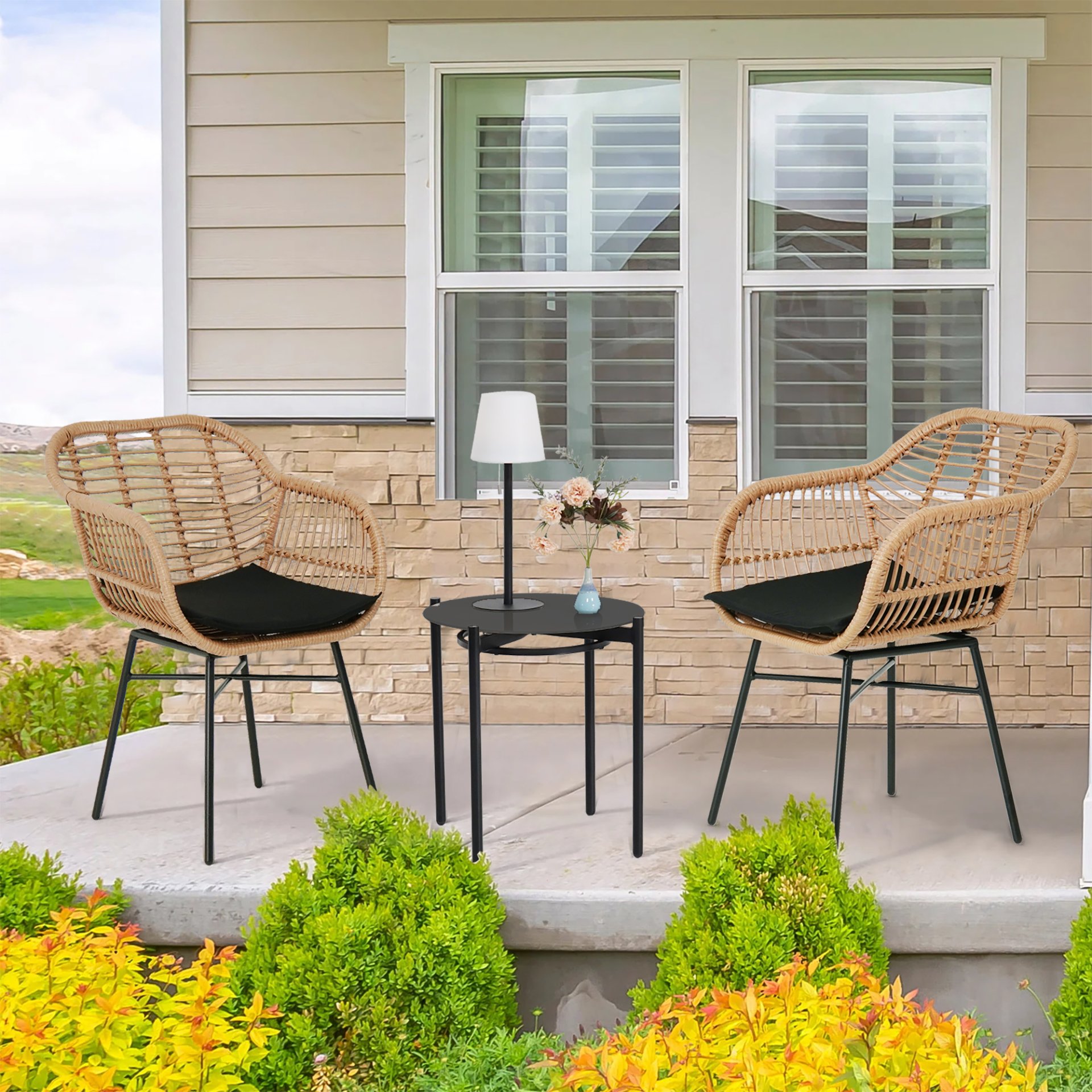 3 Pieces Of Luxury Outdoor Wicker Furniture, Patio Bistro Style Table And Chair Combination, Weather Resistant PE Wicker Weave, Suitable For Garden - Black / Natural - Image 2