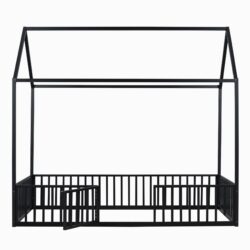 Twin Size Metal House Bed With Fence And Door - Black