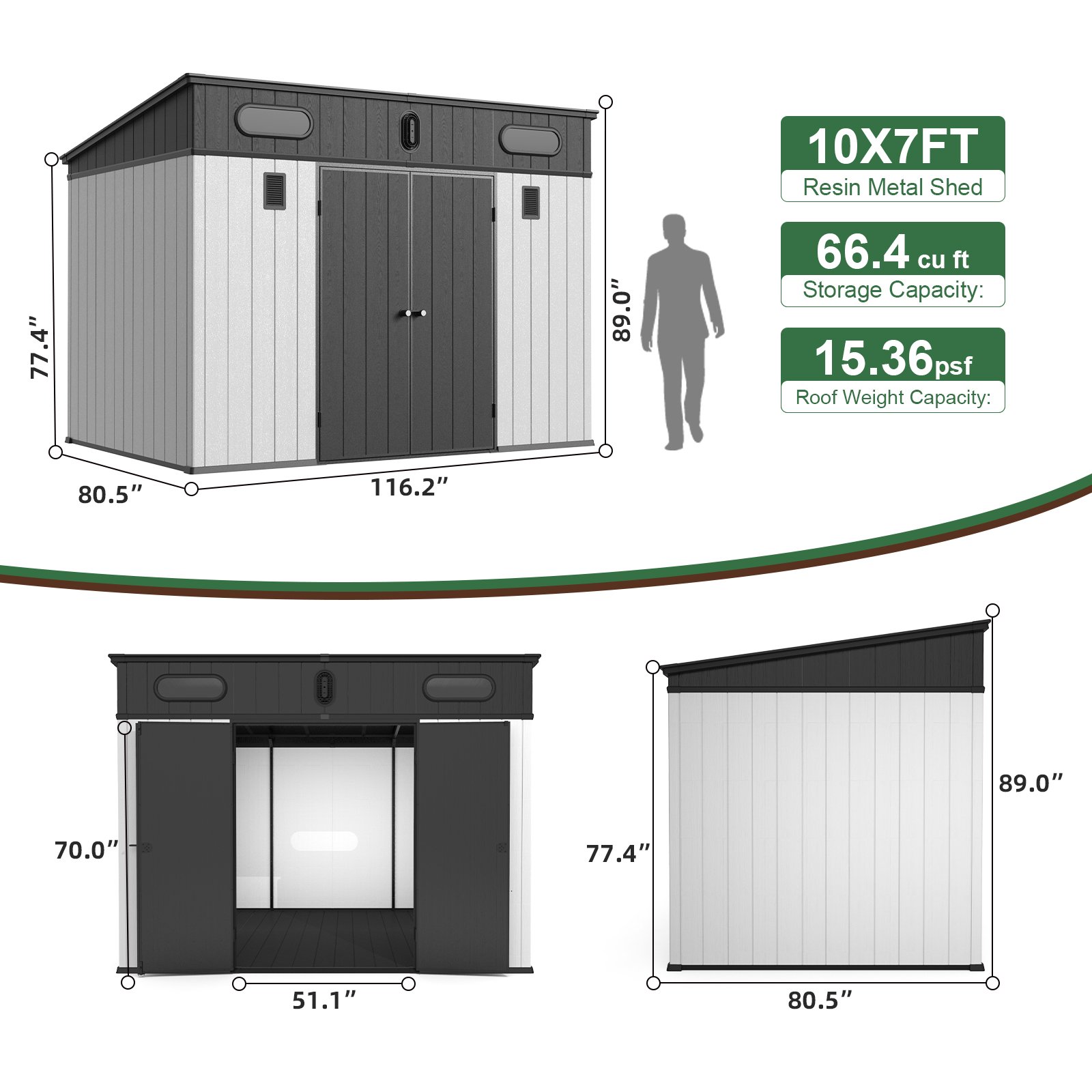 10 Ft. W X 7 Ft. D Plastic Storage Shed With Floor - Black / Gray - Image 3