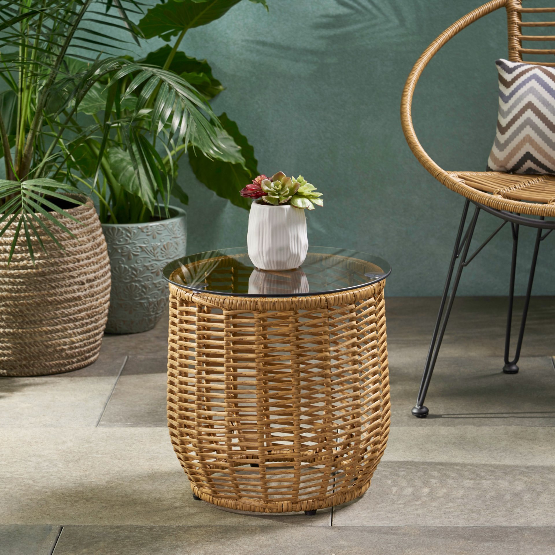 Arias - Boho Side Table With Tempered Glass Top - Light Brown - Image 4