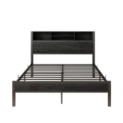 Modern Full Size Metal Platform Bed Frame With Storage Headboard And Charging Station - Black
