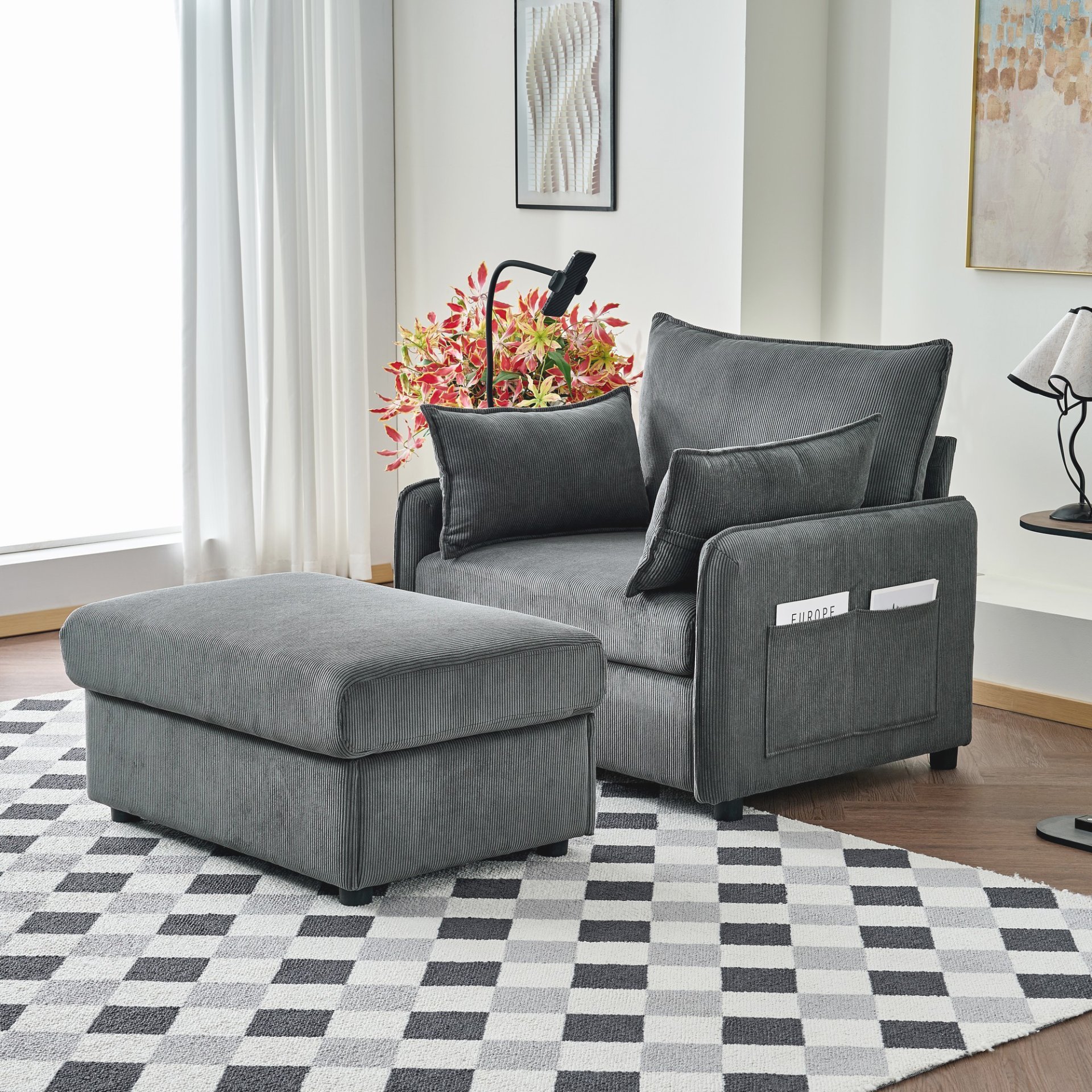 Comfy Corduroy Oversized Chaise Lounge Chair With Ottoman And Storage - Gray - Image 2