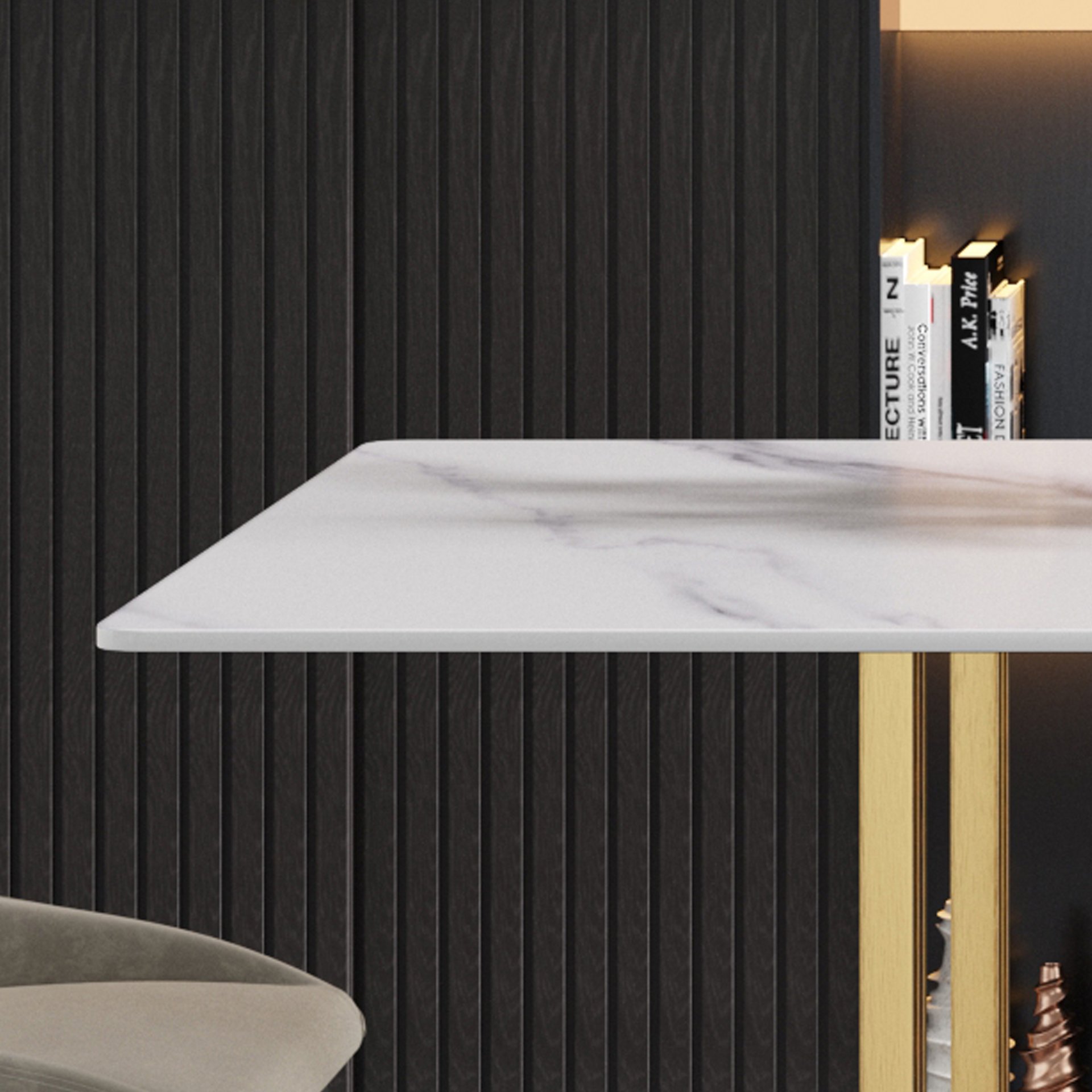 63" Modern Artificial Stone Straight Edge Metal Leg Dining Table, 6 People - White / Gold - Image 9