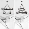 2 Tiers Wagon Wheel Chandelier Wooden Farmhouse 36 Light (24 / 12) Or (12 / 24) Metal Chandeliers 2 Story Light Fixtures Industrial For High Ceiling Living Dining Room Foyer, Adjustable Height - Black - Image 8