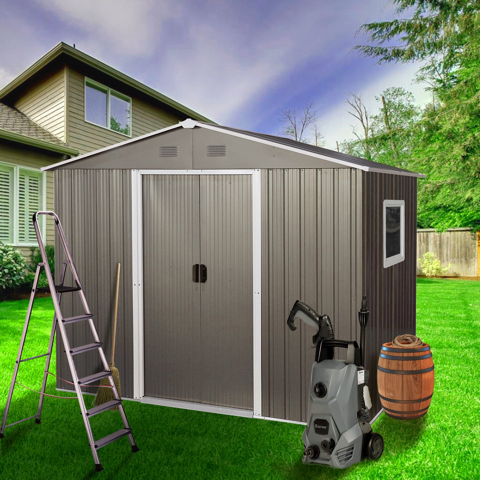 8Ft x 6Ft Outdoor Metal Storage Shed With Window (W540S00016) - Gray - Image 6
