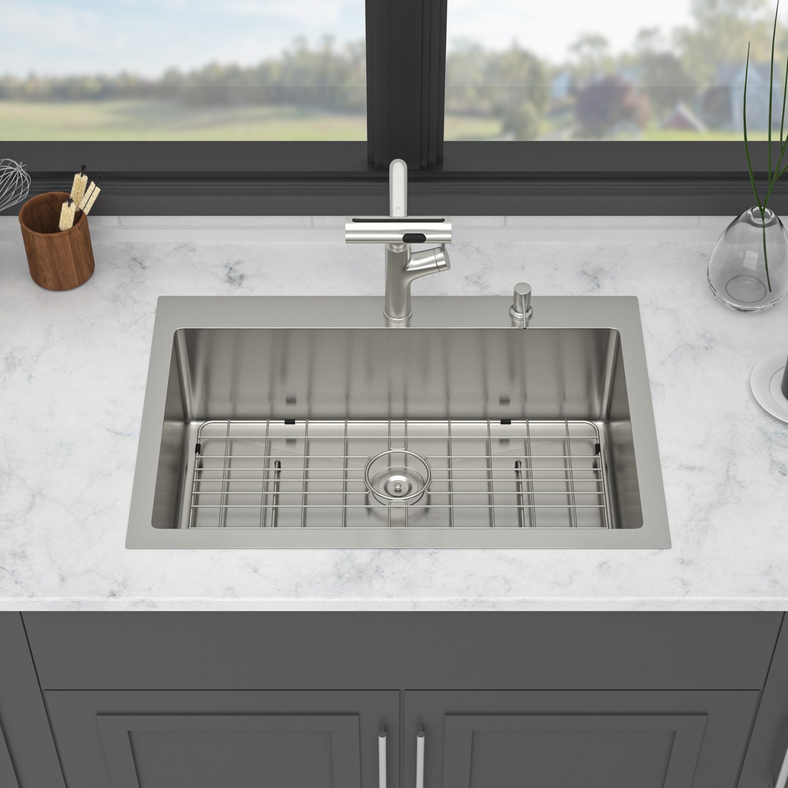 30" Single Bowl Drop In Kitchen Sink With Pull Out Faucet And Soap Dispenser - Brushed Nickel - Image 2