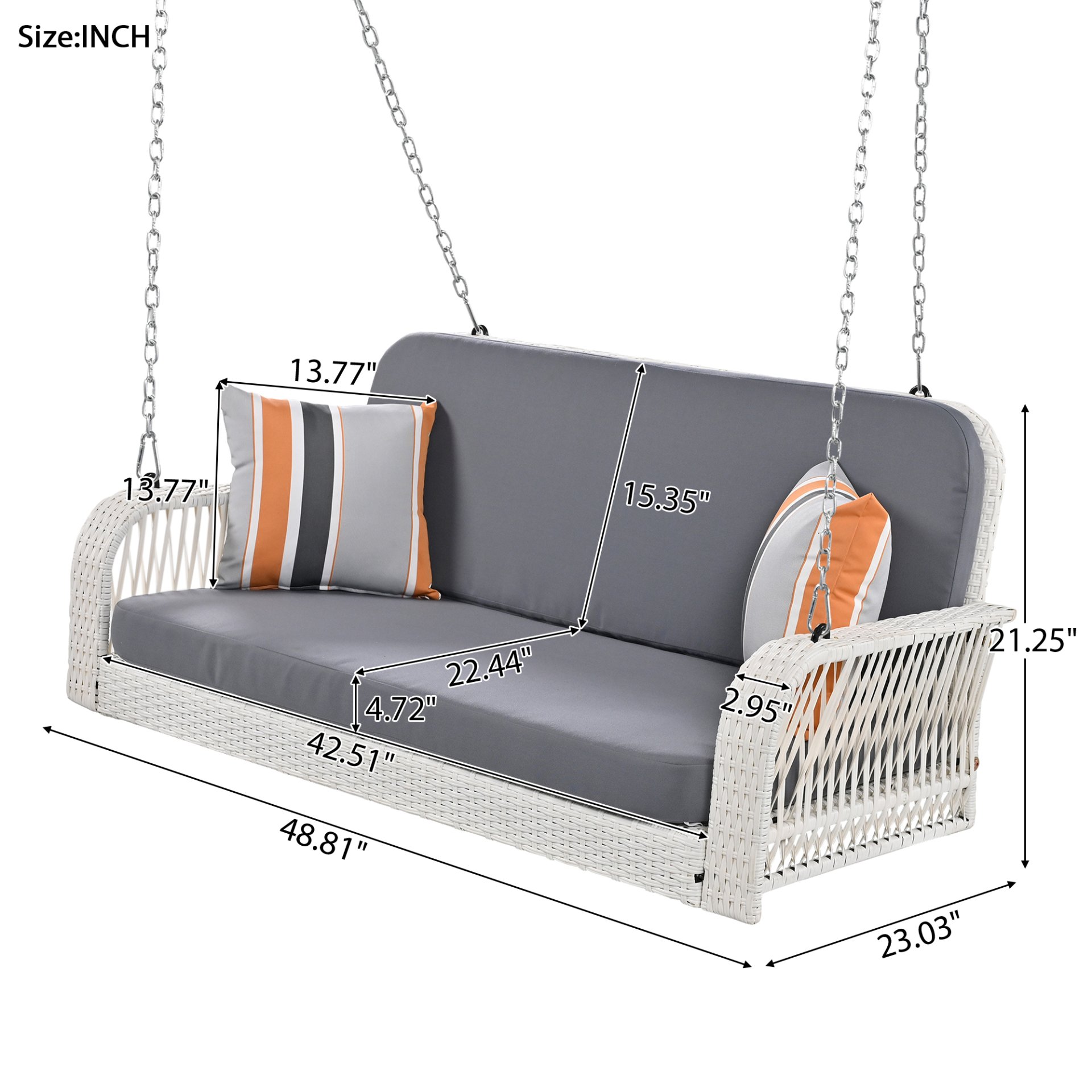 PE Wicker Porch Swing, 2 Seater Hanging Bench With Chains, Patio Furniture Swing For Backyard Garden Poolside - White / Gray - Image 3