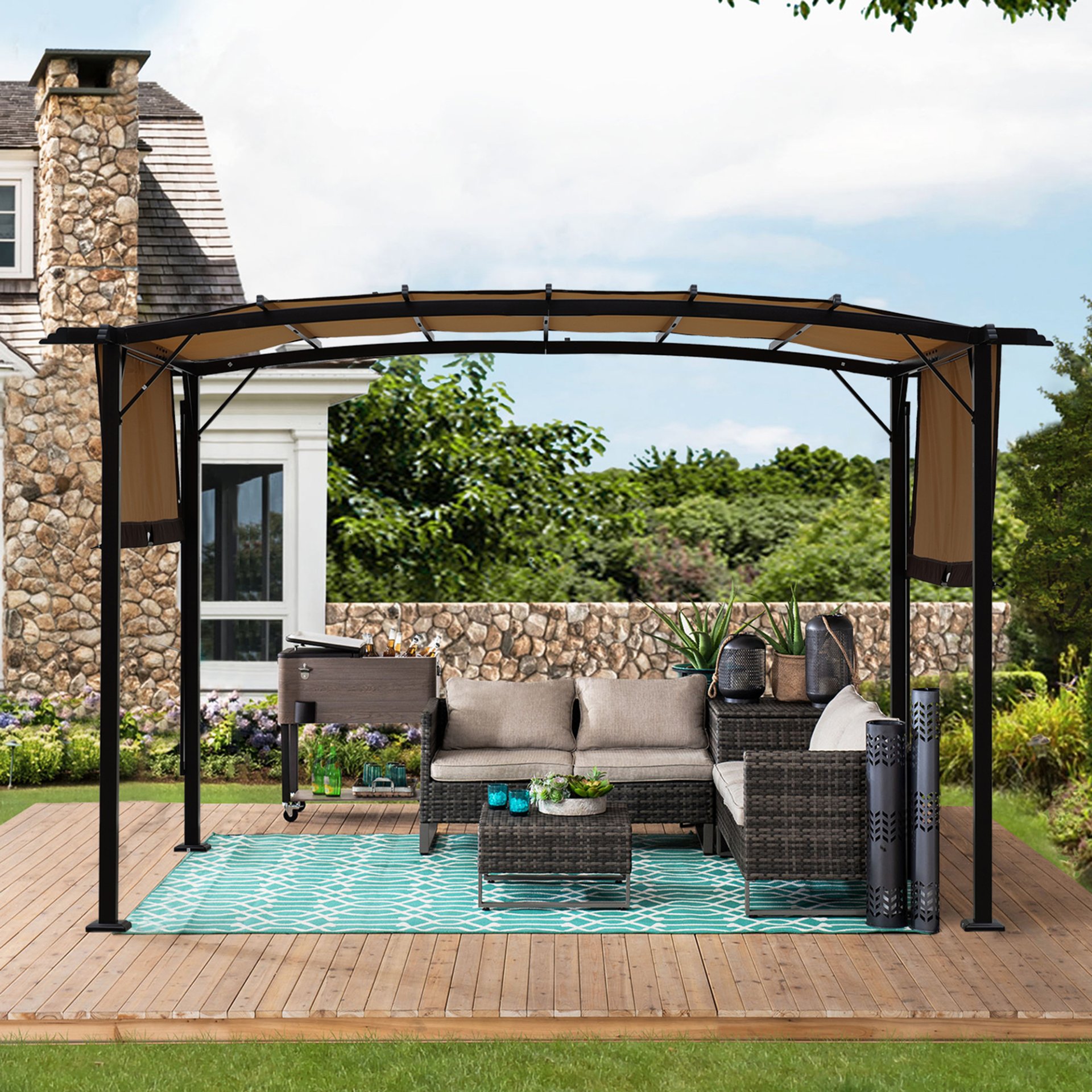 12 X 9 Ft Outdoor Patio Pergola Gazebo Steel Frame Sun Shelter With Retractable Canopy & - Beige / Brown - Image 5