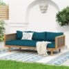 Claremont - 3 Seater Daybed With Rattan Arms And Cushions, Acacia Wood Frame - Teak / Teal - Image 2