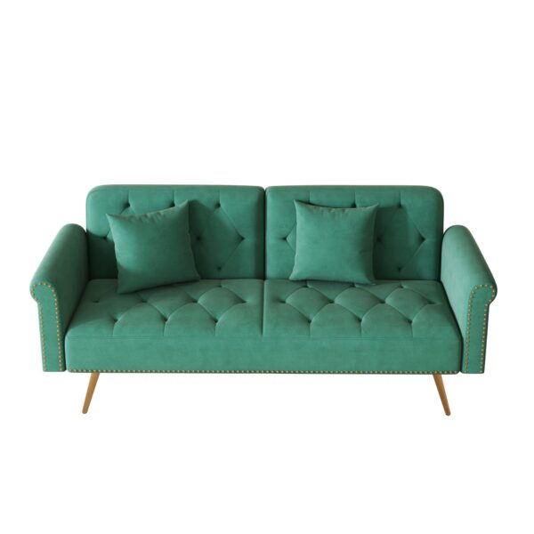 Velvet Sofa Bed With Nail Head Trim And Throw Pillow Sponge Filling Metal Legs - Green