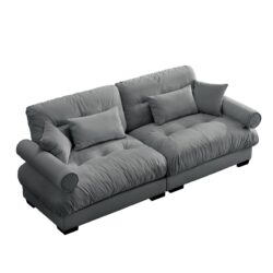 Modern Velvet 2 Seater Sofa With Bolstered Armrests And Pillows Large Size - Gray