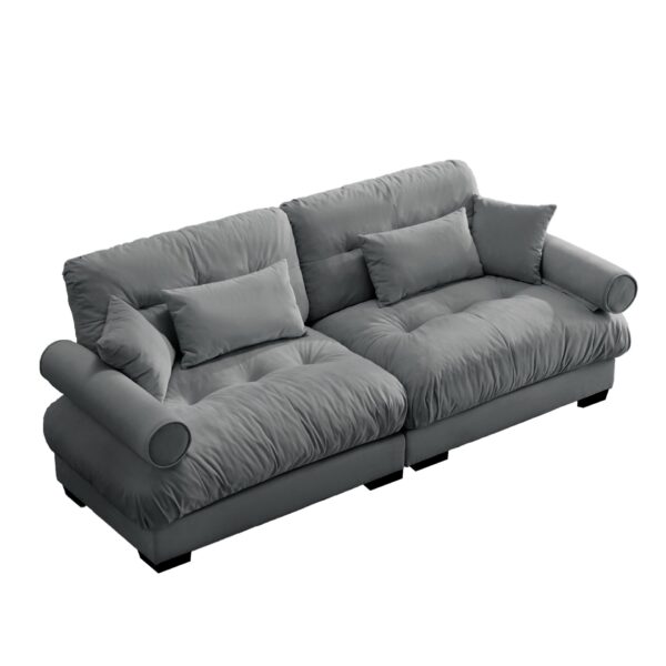 Modern Velvet 2 Seater Sofa With Bolstered Armrests And Pillows Large Size - Gray