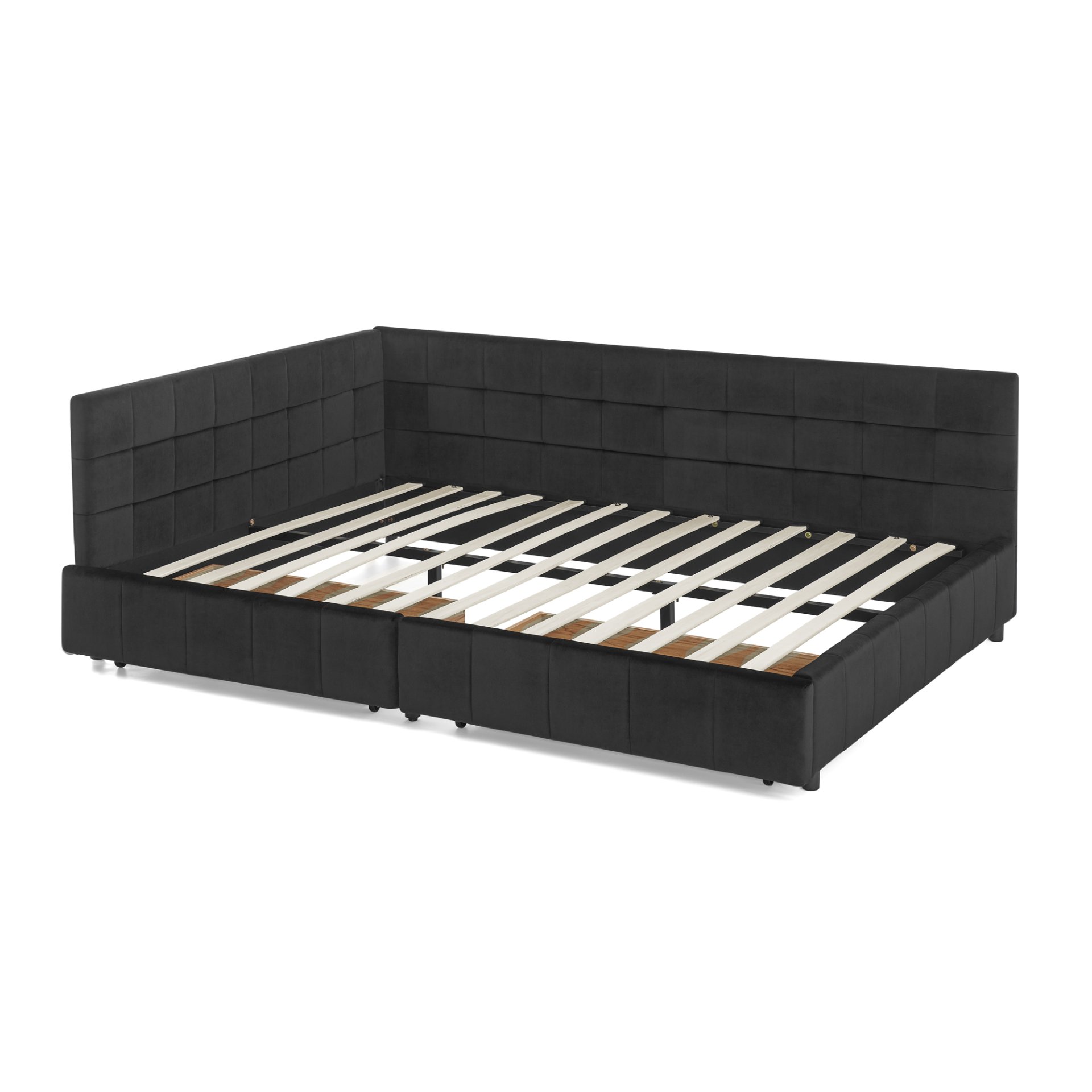 Mid Century Queen Size Storage Upholstered Tufted Bed Frame With Backrest And Armrests Velvet - Black - Image 13