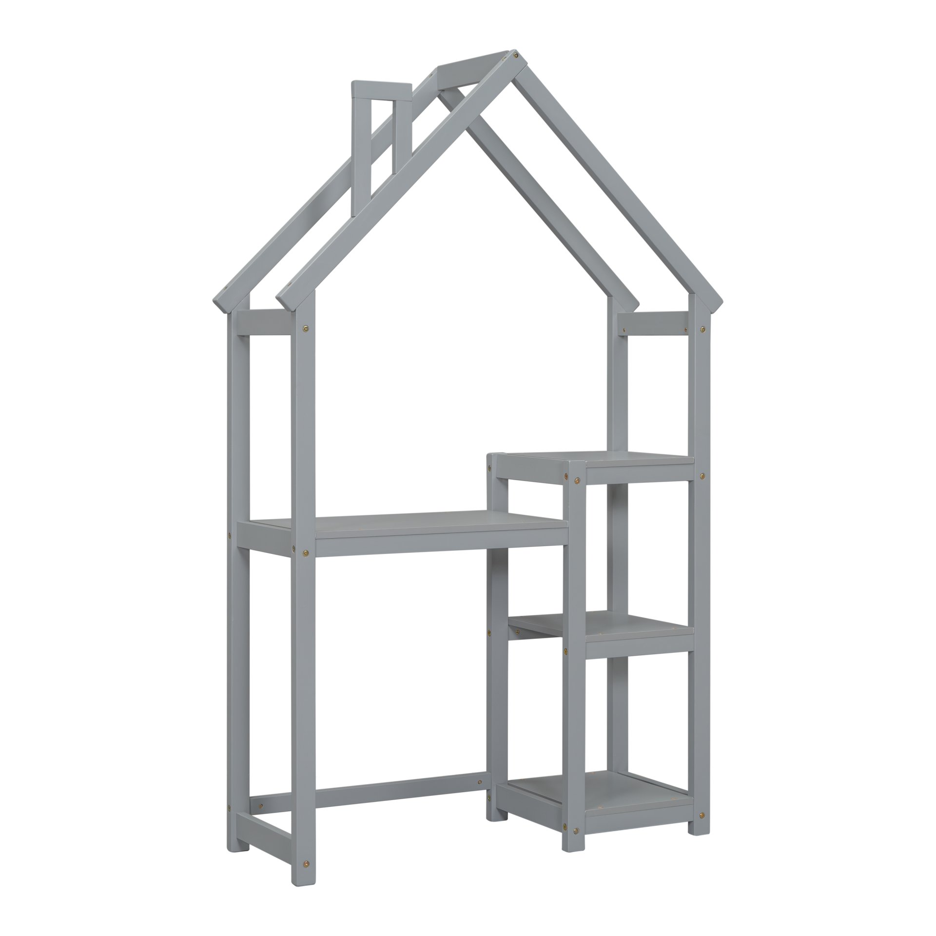 House-Shaped Wooden Writing Desk, Kids Study Table, Bookshelf & Toy Storage - Gray - Image 12