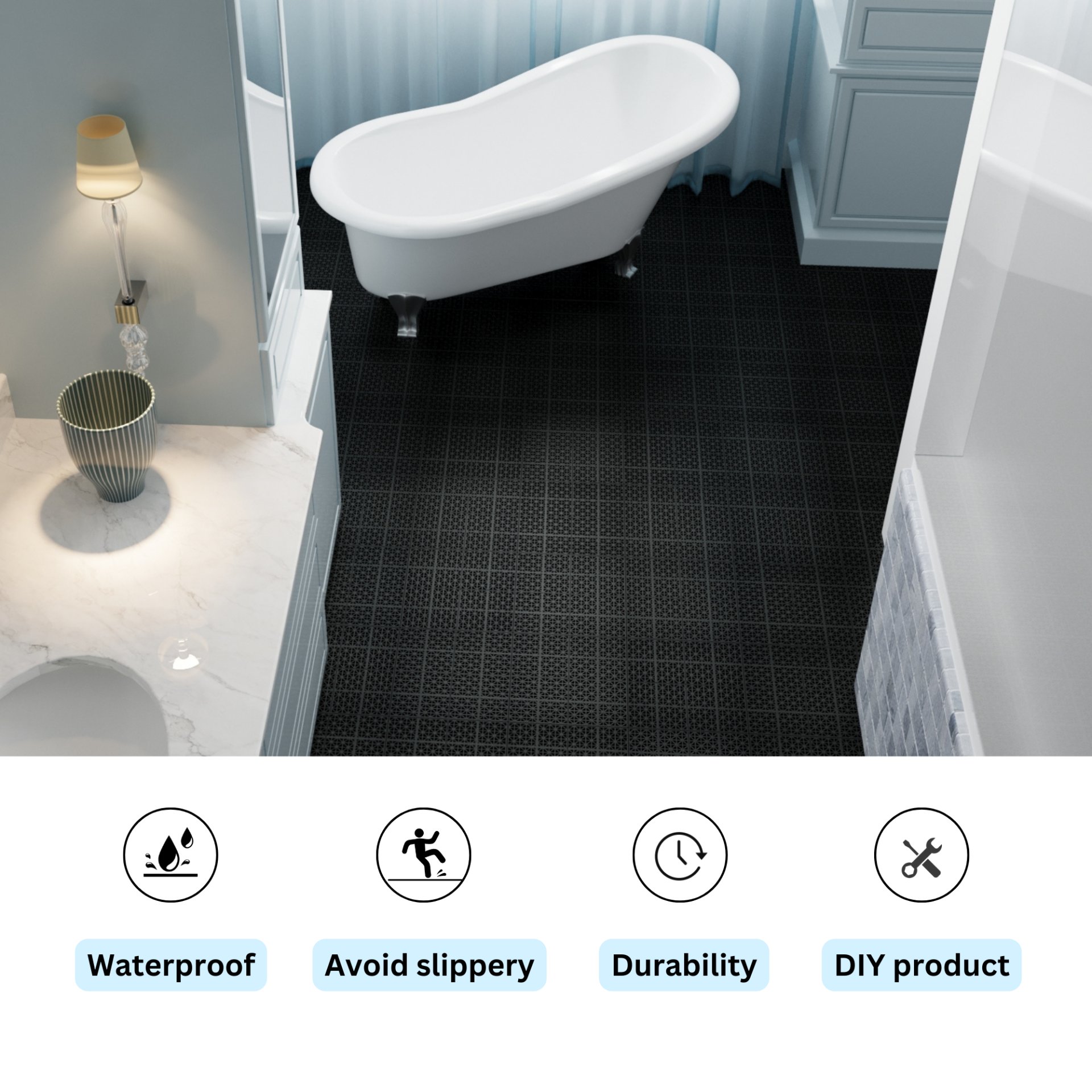 Interlocking Deck Tiles Plastic Waterproof Outdoor All Weather Anti-Slip Bathroom Shower Balcony Porch Strong Weight Capacity Upto 6613 Lbs, Rosette Pattern Pack Of 12 - Black - Image 5