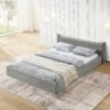 Modern Queen Size Upholstered Bed Frame With Curved Headboard, Velvet Fabric, No Box Spring Required - Gray - Image 4