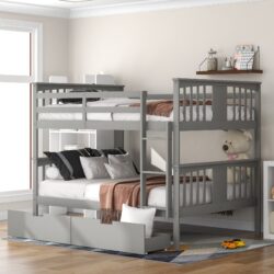 Full Over Full Bunk Bed With Drawers And Ladder For Bedroom - Gray