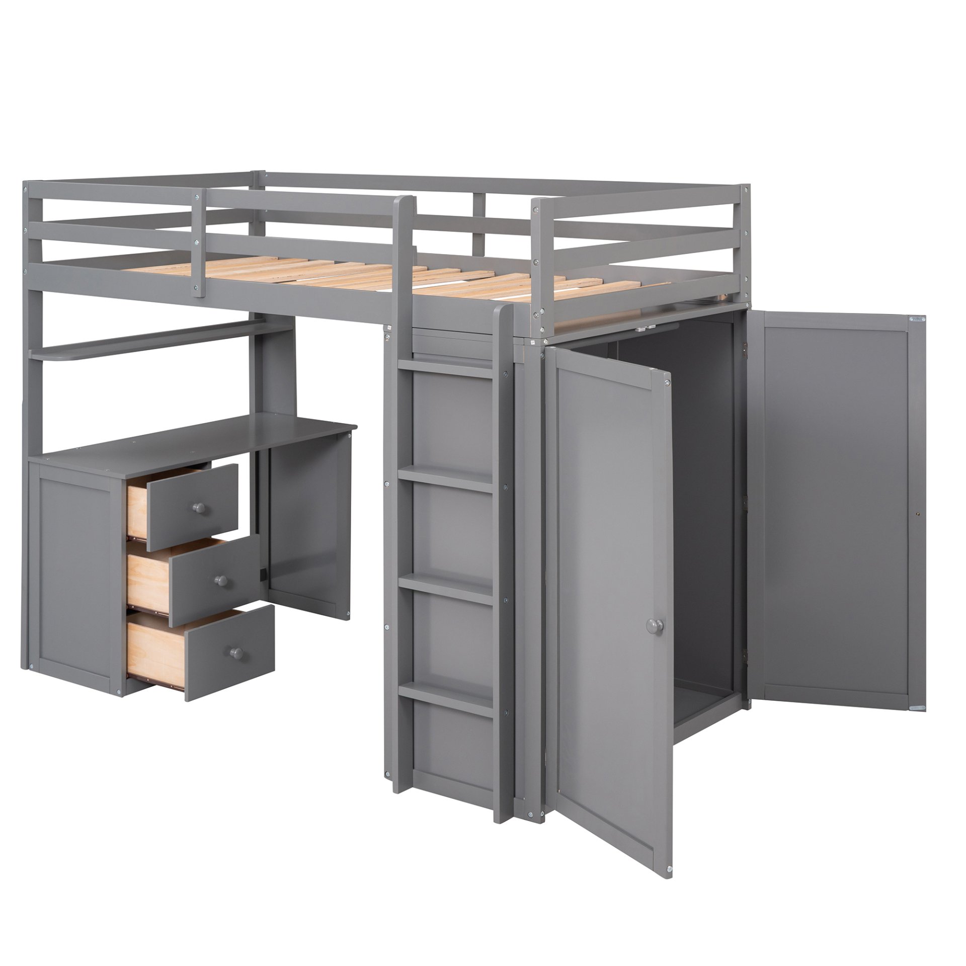 Twin Size Loft Bed With Drawers, Desk, And Wardrobe - Gray - Image 7