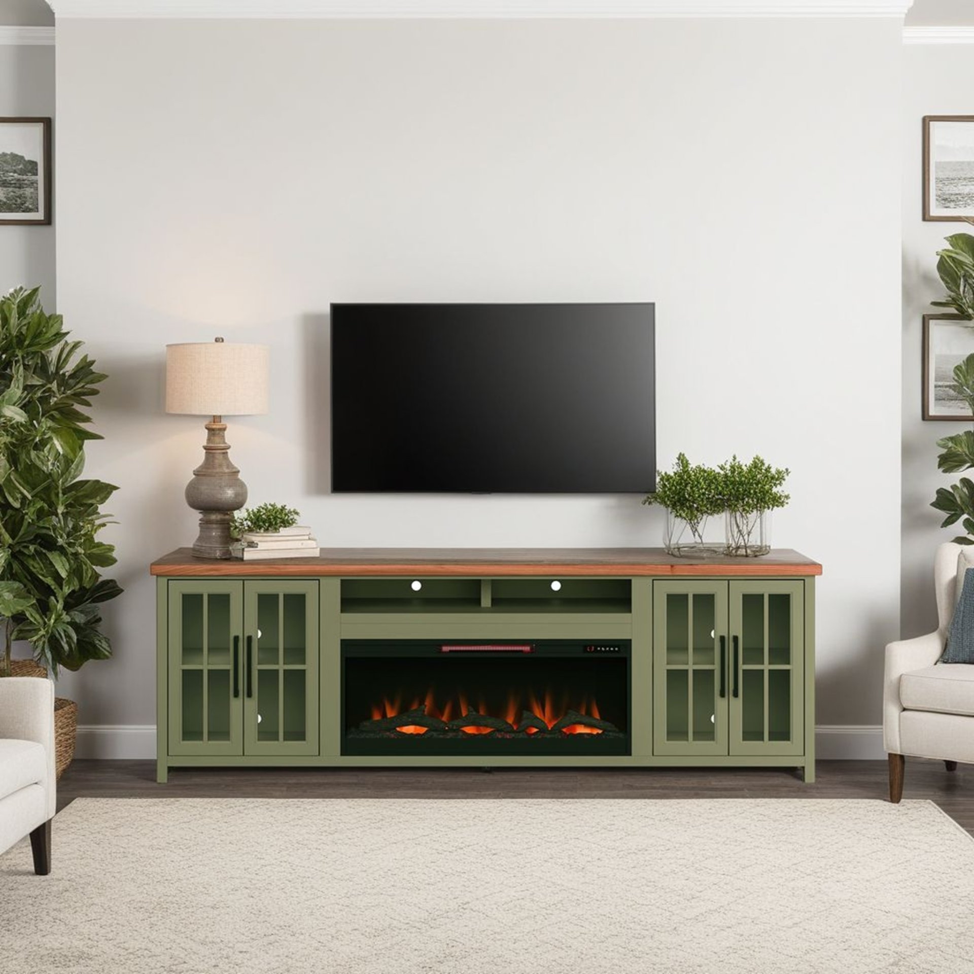 Vineyard - 97" Fireplace TV Stand Console For TVs Up To 100" - Sage Green And Fruitwood Finish - Image 4