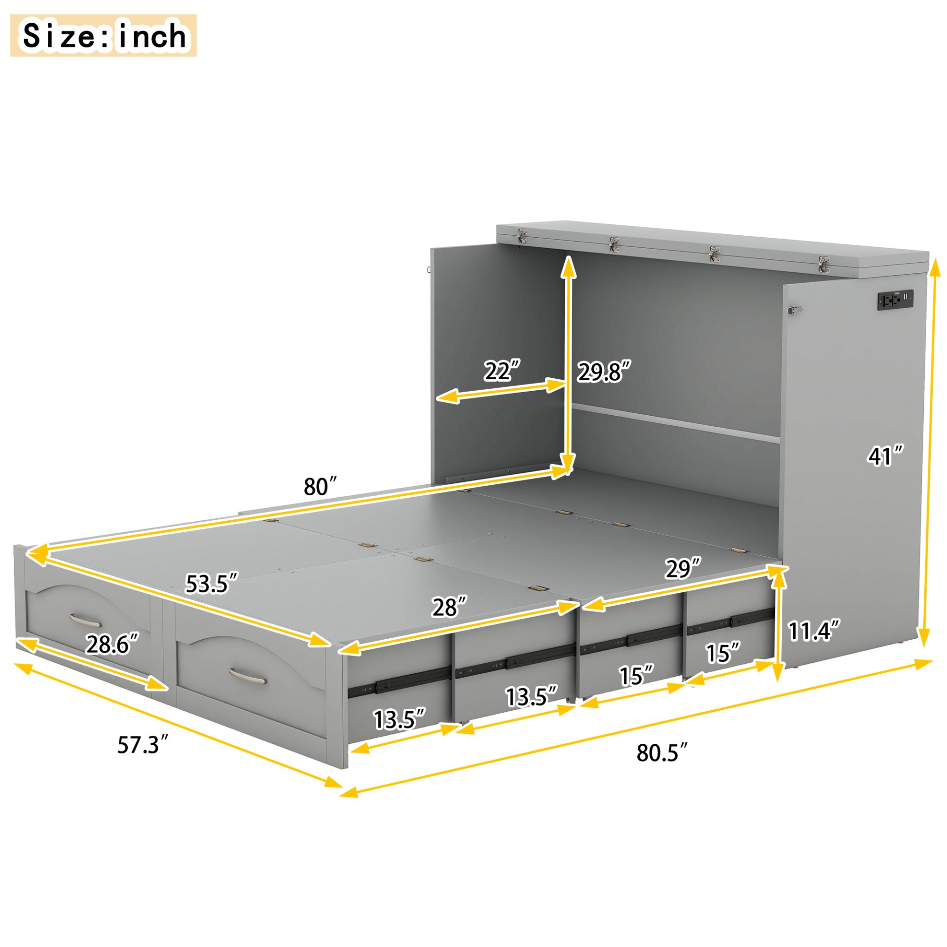 Full Size Murphy Wall Bed With Drawer And A Set Of Sockets & USB Ports, Pulley Structure Design - Gray - Image 5