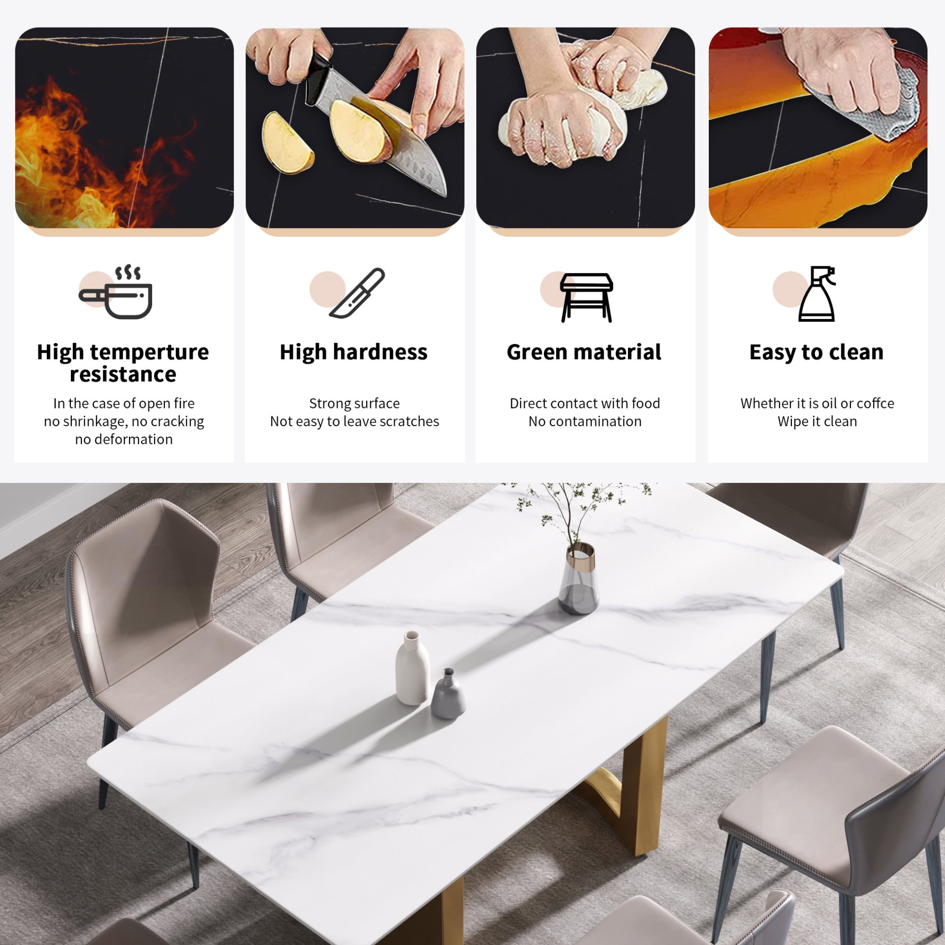 70.87" Modern Artificial Stone Straight Edge Golden Metal Leg Dining Table, Can Accommodate 6-8 People - White / Gold - Image 12